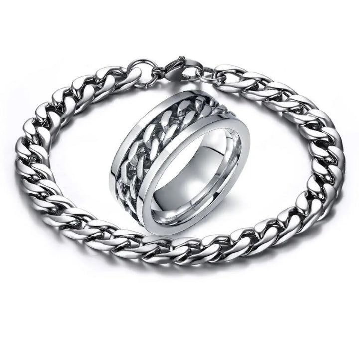 Stylish Men & Women Cuban Link Chain Spinner Ring and Bracelet