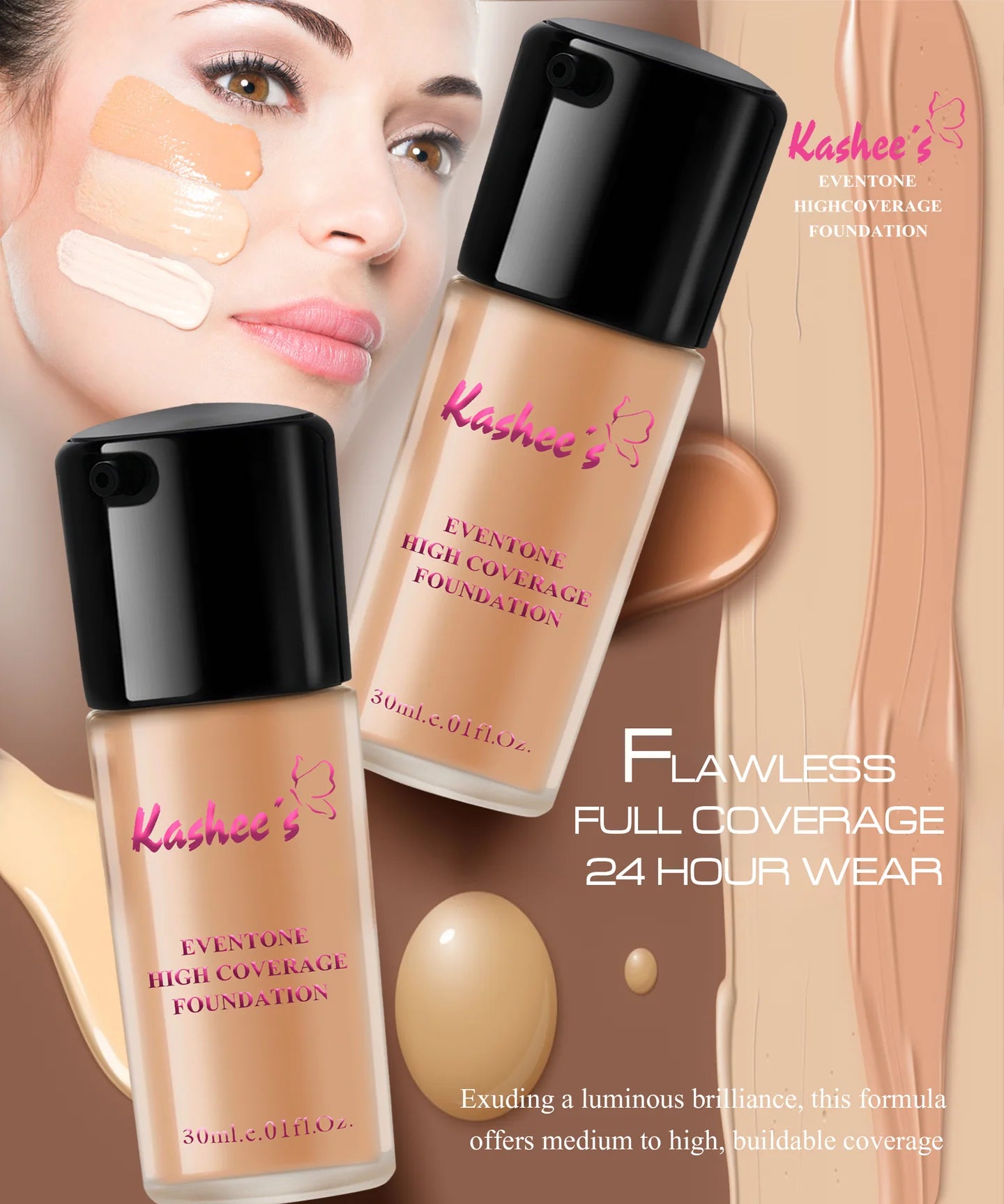 100% Original Kashee’s Liquid Foundation Even tone High Coverage